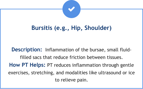 Bursitis (e.g., Hip, Shoulder)  Description:  Inflammation of the bursae, small fluid-filled sacs that reduce friction between tissues. How PT Helps: PT reduces inflammation through gentle exercises, stretching, and modalities like ultrasound or ice to relieve pain.